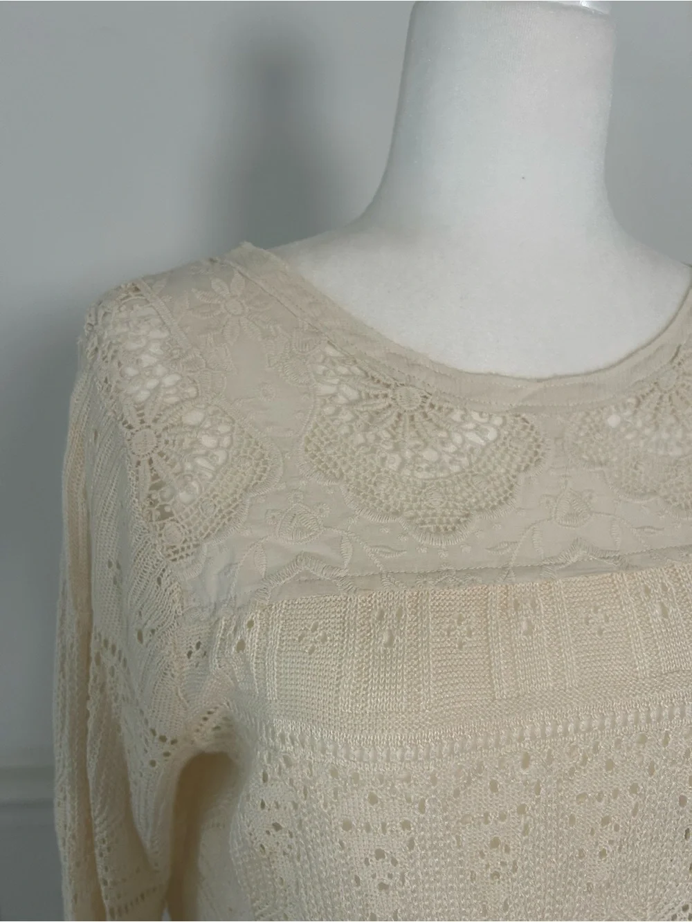 Free People Cream Crochet Lace Bell-Sleeve Top
